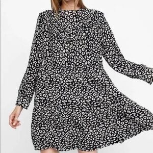 Zara Black And White Animal Print Ruffle Dress - XS